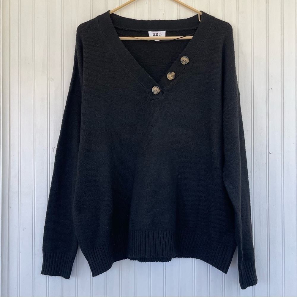 525 American Women's Black V Neck Long Sleeve Oversized Sweater Size Large